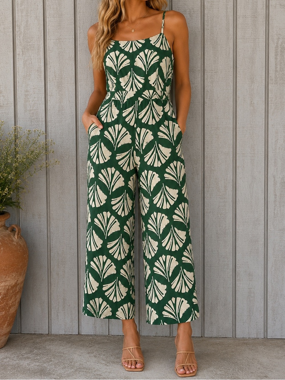 Monteau Green Seashell Print Wide Leg Open Back Jumpsuit Medium Resortwear